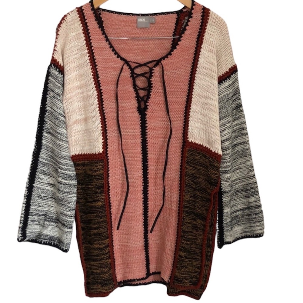 ASOS mix pattern long sleeve knit sweater cardigan with lace up V-neck cardigan